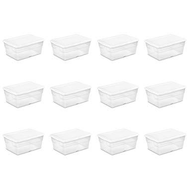 Sterilite 16448012 16 Quart/15 Liter Storage Box, White Lid with Clear Base, 12-Pack
