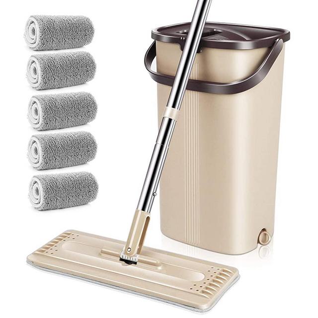 MASTERTOP Flat Mop and Bucket with Wringer Set, Microfiber Mop Floor Cleaning System, Wet Dry Mop, Stainless Steel Handle, 360° Flexible, 5 Pcs Dust Mop Replacement Pads for Home