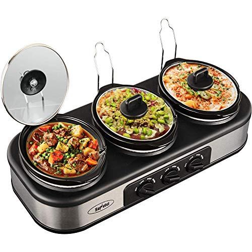 Triple Slow Cooker with Non-Skid Feet, 3×1.5 QT Slow Cooker Buffet Server, 3 Pots Food Warmer Adjustable Temp Lid Rests Stainless Steel Manual Silver for Parties Holidays Families