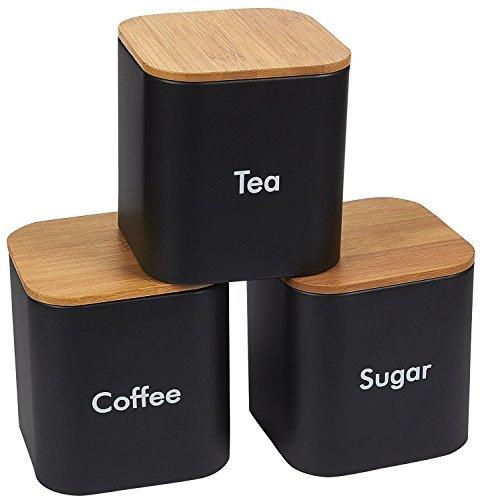 Kitchen Canister Set - 3-Piece Coffee, Sugar, and Tea Storage Container Jars with Bamboo Lids, Kitchen Organizers, Black, 4.6 x 4.8 x 4.6 Inches