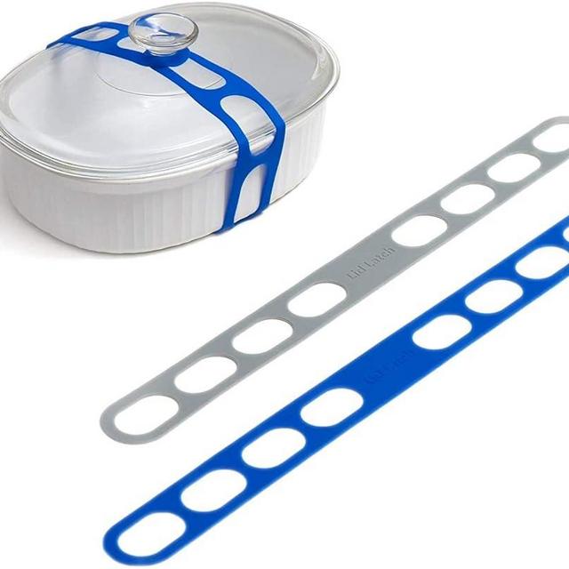 Lid Latch the reusable universal lid securing strap for crockpots, casserole dishes, pots, pans and more. Make it easy to transport your favorite dishes with one simple strap. (Polybag Blue/Grey)