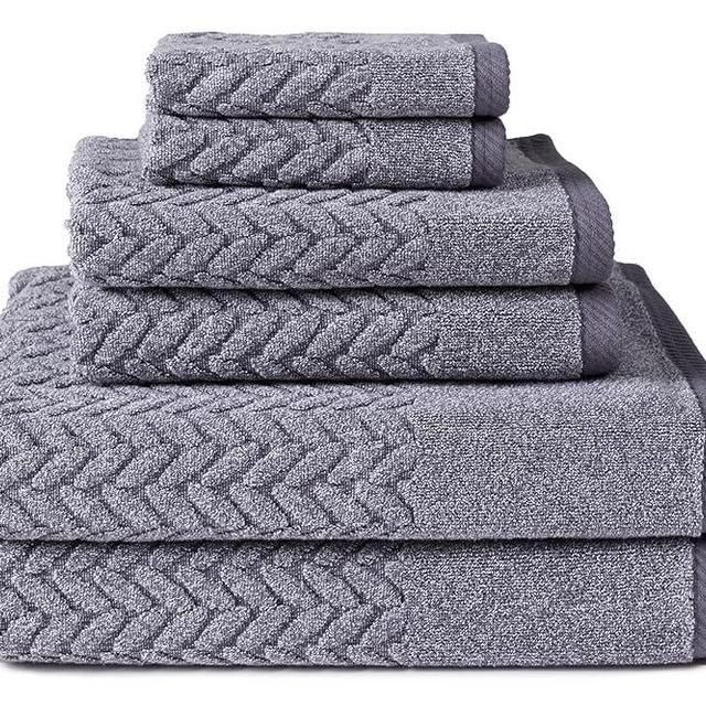 Texere 100% Organic Cotton Jacquard 650 GSM Premium Bath Towel Sets - Extra Absorbent Quick Dry and Plush, 2 Large Bath Towels, 2 Hand Towels, 2 Washcloths (Cable, Granite, 6 Piece)