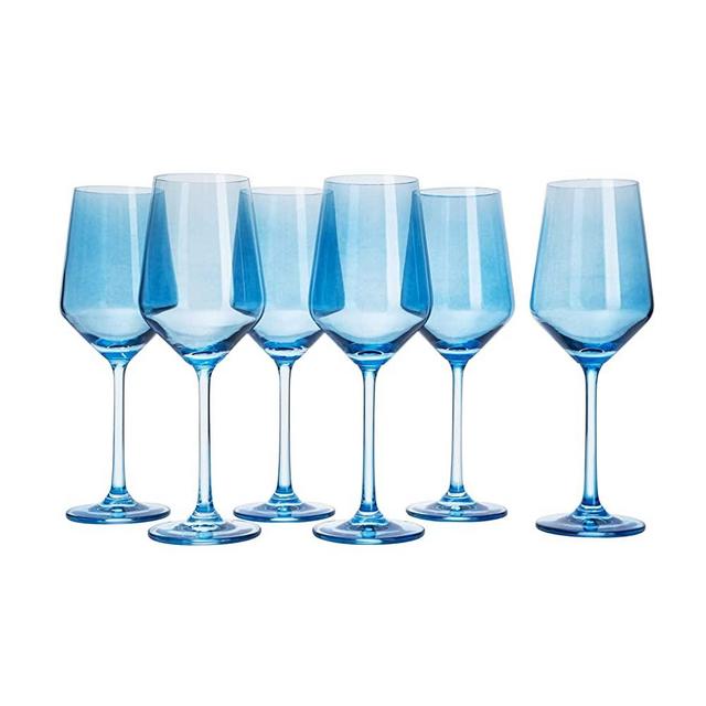Colored Wine Glass Set, Large 12 oz Glasses Set of 6, Unique Italian Style Tall Stemmed for White& Red Wine, Water, Margarita Glasses, Gift, Gifts, Viral Beautiful Glassware (Cobalt Blue)