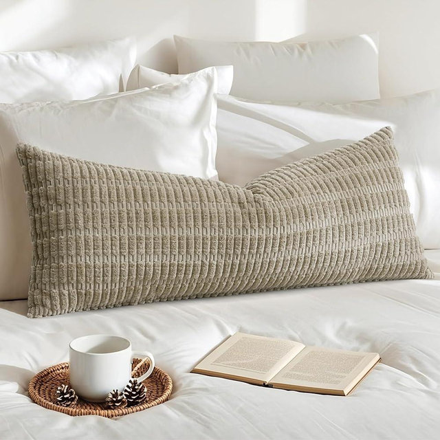OTOSTAR Corduroy Decorative Lumbar Throw Pillow Cover 14x36 Inch Super Soft Boho Striped Rectangle Pillow Covers Case Modern Cushion Covers for Sofa Couch Bedroom Car Decor Khaki