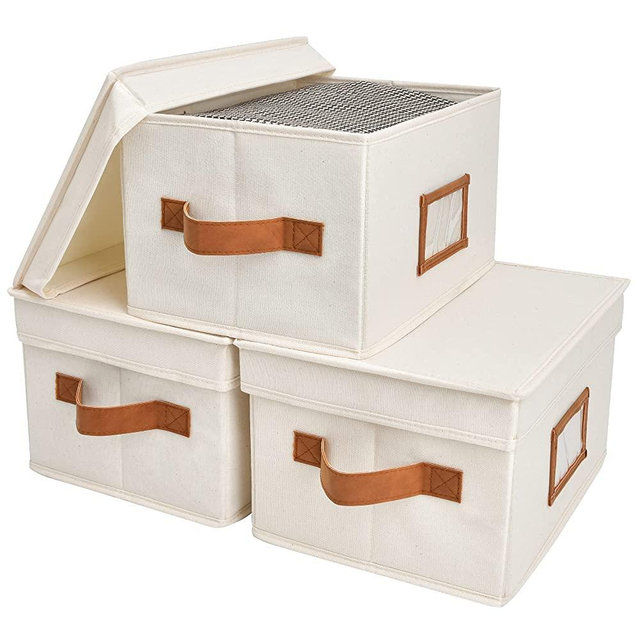 StorageWorks Decorative Storage Baskets for Shelves, Closet Storage Bins with Lids and PU Handles, Hand Wash, Canvas, Ivory White, Medium, 3-Pack
