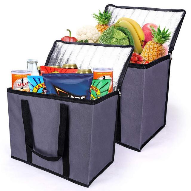 2-Pack Insulated Reusable Grocery Bag with Zippered Top, XL, Large, Frozen Foods Cold, Cooler Shopping Accessories, Insullated Bags, Grey with Black Edge