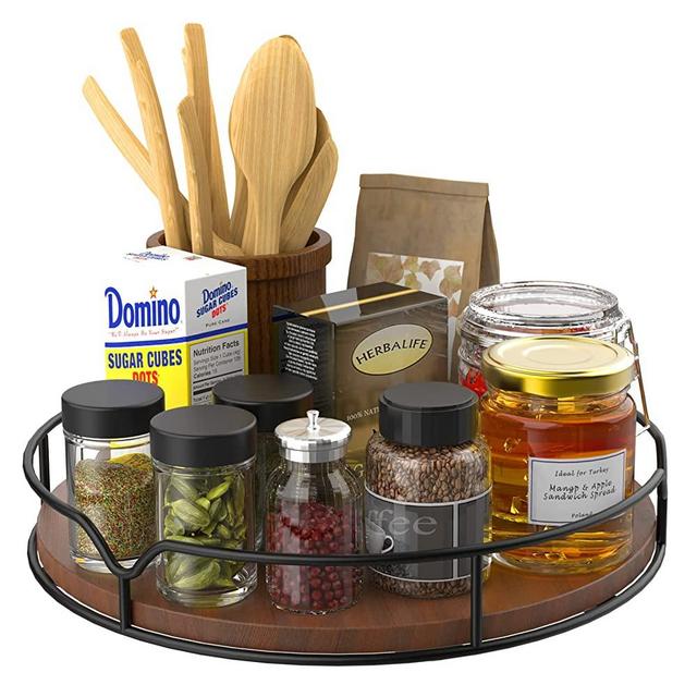 Lazy Susan Turntable Organizer for Cabinet Pantry Kitchen Countertop Refrigerator Cupboard, Pine Wood, 9", Brown