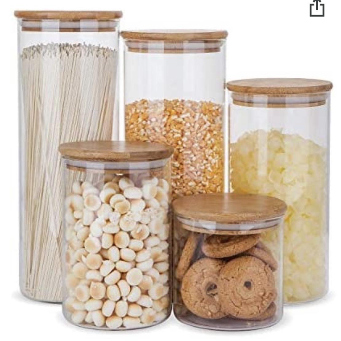 Glass Food Storage Containers Set,Airtight Food Jars with Bamboo Wooden Lids - Set of 5 Kitchen Canisters