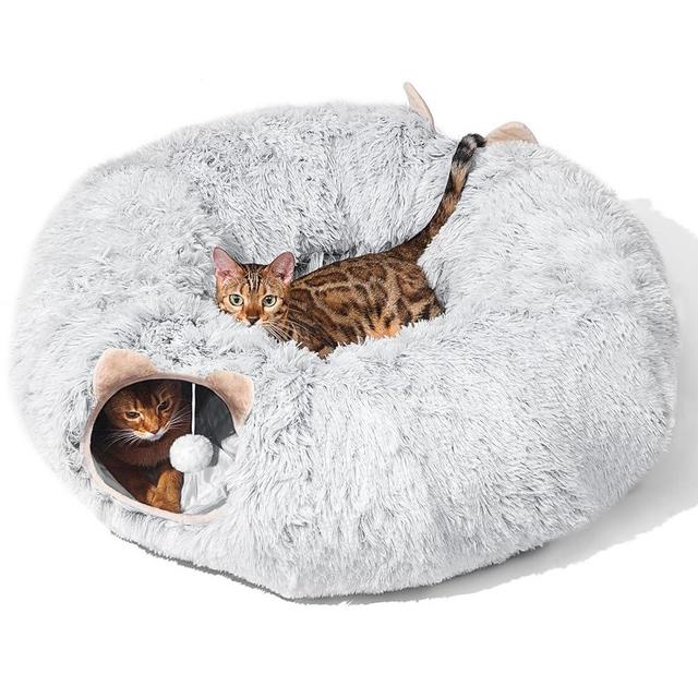 PETSTA Cat Tunnel with Cat Bed for Indoor Cats, Collapsible Plush Cat Cave Tube with Fluffy Toy Ball, Multifunctional Cat Toys for Small Medium Large Cat, Puppy, Rabbit, Ferret (Gray)