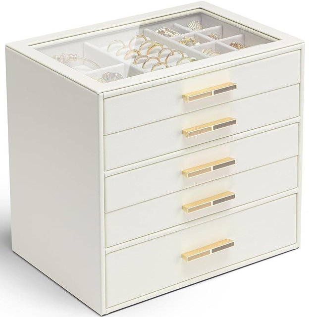Vlando 5 Layer Jewelry Box for Women, Glass Lid Jewelry Organizer with 5 Drawers for Necklaces Rings Earrings Bracelets - White