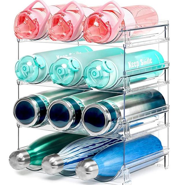 Water Bottle Organizer, 4 Packs Stackable Plastic Water Bottle Organizer for Cabinet, Wine Racks for Kitchen Freezer Pantry Organization and Storage, Tumbler Travel Mug Holder, Holds 12 Bottles, Clear