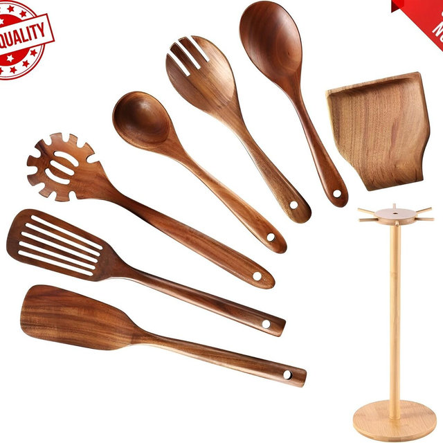 Wooden Spoons for Cooking, Wooden Cooking Utensils Set for Kitchen, Natural Teak Wood Non-Stick Cooking Spoons with Bamboo Holder