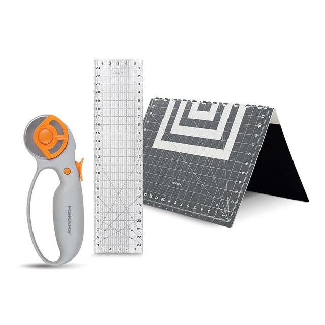 Fiskars Loop Set, Rotary Cutter with 45mm Steel Blade, Sewing Ruler for Precise Measures, Folding Cutting Mat for All Fabric Cutting Needs, Grey