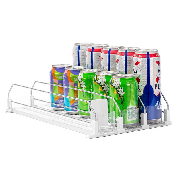 Rula Drink Organizer for Fridge, Self-Pushing Soda Can Dispenser for Refrigerator, Width Adjustable Water Bottle Pusher Glide, White, 15"D, 3 Rows