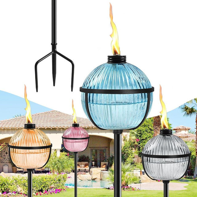 FALBAWR Citronella Torches Set of 4, 16 oz Glass Garden Torches for Outside, 3-Prong Grounded Stake Outdoor Torches, 58.6 inch Outdoor Torch for Yard, Patio, Deck, Party