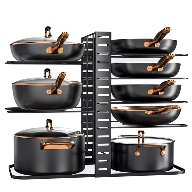 MUDEELA Pots and Pans Organizer Rack under Cabinet 14.55in Height, 8-Tiers Adjustable Pot Rack with 3 DIY Methods, Pot Lid Organizer inside Cabinet for Kitchen Pantry Organization and Storage