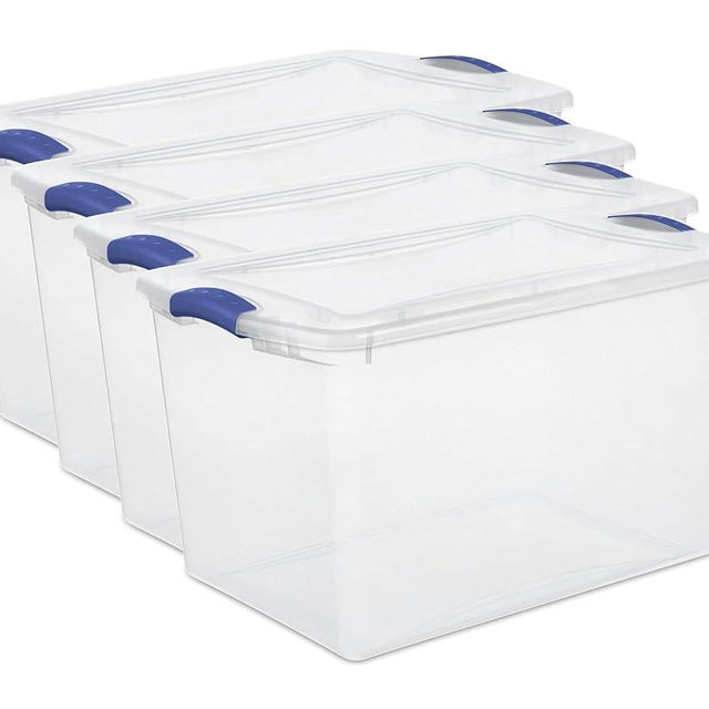 4-PACK, 66QT Transparent Plastic Storage Box with a Secure Locking Cover, Stackable, Suitable For Organizing Household Items, Garage and Office Use.