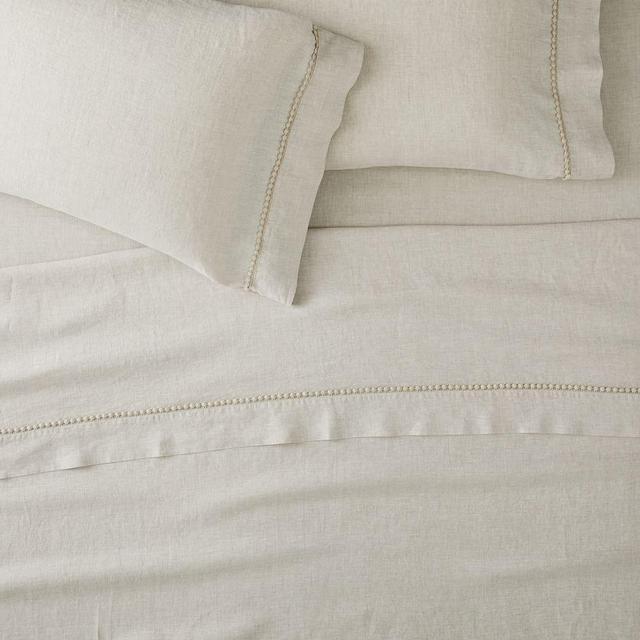 European Linen Pom Pom Sheet Set, Queen, Natural Flax