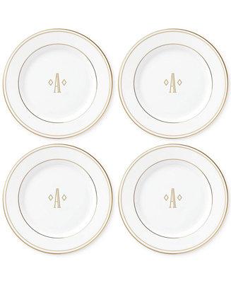 Federal Gold Monogram Tidbit Plates, Set Of 4, Block Letters "T"