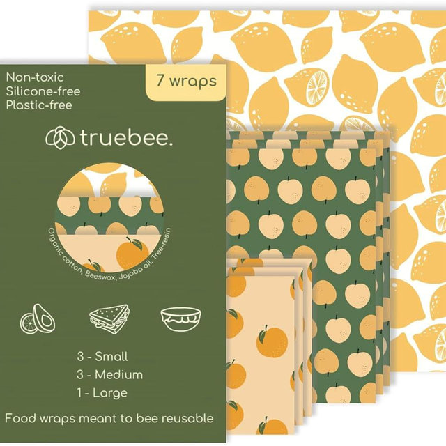 Truebee Reusable Beeswax Food Wraps 7-Pack – Non Toxic, Plastic Free, Silicone Free, Sustainable, Environmentally Friendly, Organic Cotton Beeswax Wraps (S, M, L)