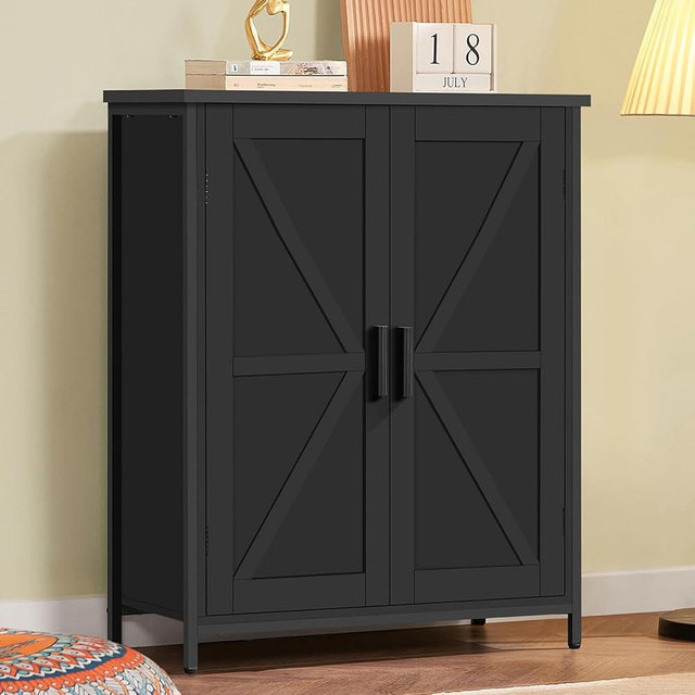 FIONESO Storage Cabinet, Small Cabinet with Barn Doors, Farmhouse Cabinets with Shelf, Black Cabinets for Living Room, Dining Room, Entryway, Black