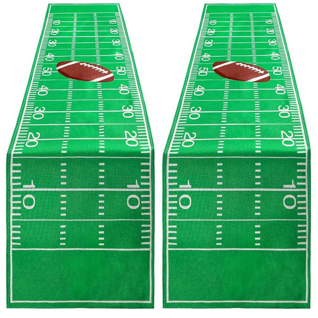 Tegeme 2 Pcs Football Table Runner Party Decorations Disposable Tablecloth Plastic Touchdown Green Table Cover Rectangular for Birthday Footballs Themed Sport Game Day Decor, 144 x 28 Inch(Football )