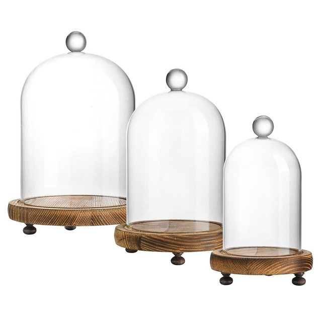 ZEERSHEE Set of 3 Glass Bell Shape Dome with Wooden Base(4.5''/3.7''/3''), Clear Decorative Glass Dustproof Dome with Handle for Home Party Wedding Decor
