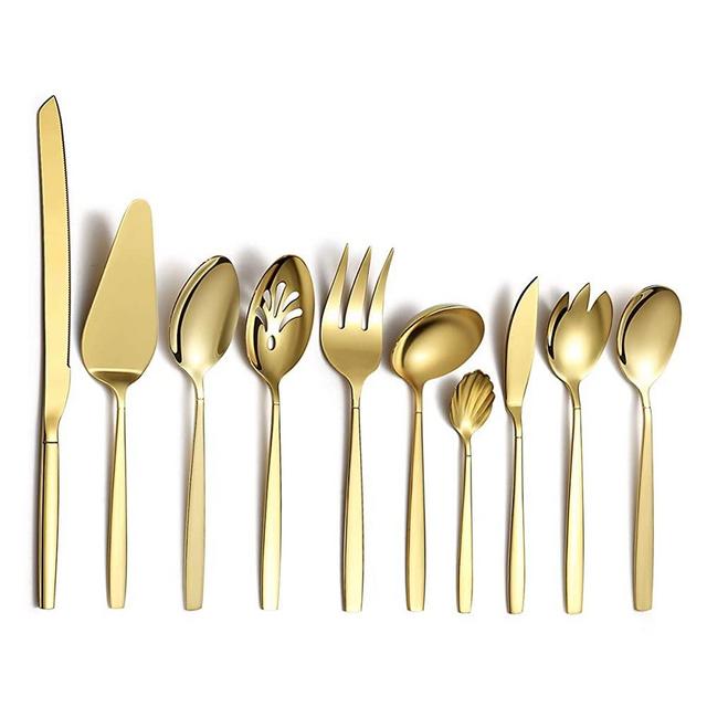 Berglander Gold Silverware Serving Set 10 Pieces, Stainless Steel Flatware Serving Set With Gold Titanium Plating, Silver Serving Utensil, Anti Rust, Lead Free (10 Pieces)