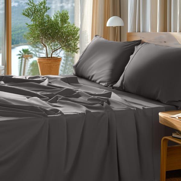 SONORO KATE 100% Egyptian Cotton Sheets Set - 1000 High Thread Count, Luxury 5-Star Hotel Sateen Bed Sheets, Soft, Breathable Long Staple Sheets, Fit up to 16" - 4 PC (Dark Grey,Queen)