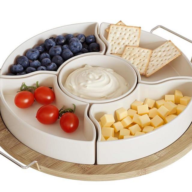 Custom Home Products - Elegant Divided Serving Tray with 5 Ceramic Bowls on Bamboo Plate - Ideal for Snacks and Appetizers | Versatile for Every Event