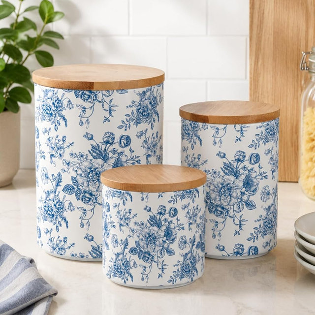 AnyDesign Chinoiserie Floral Ceramic Kitchen Canisters Sets Vintage Blue Flower Clear Storage Jar with Airtight Lids for Home Kitchen Countertop Decor Flour Sugar Tea Spice Container, Set of 3