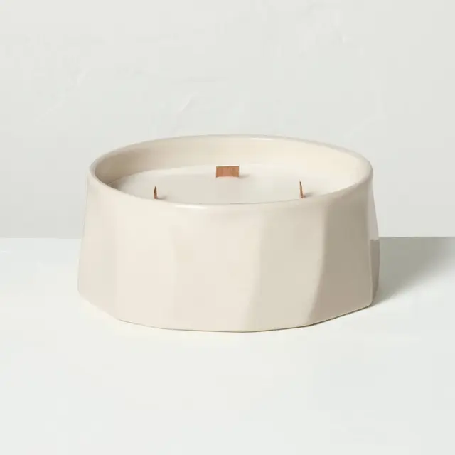 4 Wick Large Faceted Ceramic Sandalwood and Terracotta Jar Candle Cream 21oz - Hearth & Hand™ with Magnolia