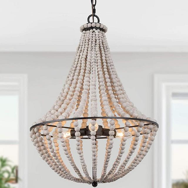 LOG BARN Farmhouse Chandelier, Boho Light Fixture for Dining Room, Bedroom, Handmade Wood Beads, 3-Lights, 15.5” D x 22” H
