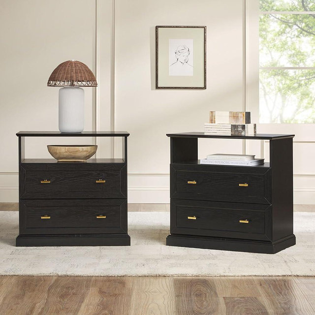 Walker Edison 2- Pack Clyde Modern Farmhouse 2 Drawer Nightstands with Shelf, 26 Inch, Black