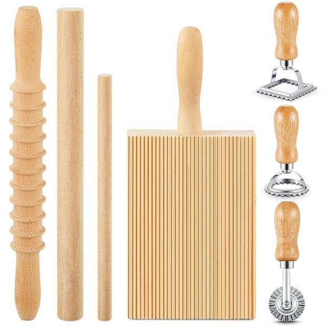 Tioncy 7 Pcs Pasta Making Tool Set Include 1 Wooden Cutter 1 Rolling Pin 1 Gnocchi Board Wood with Roller 3 Ravioli Stamp Maker Cutter for Homemade Maker Kitchen Gift Idea(Pasta Style)