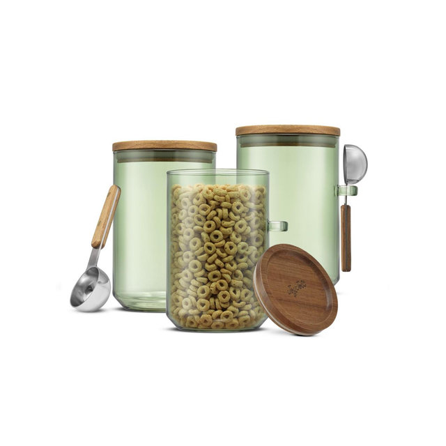 Holden Stackable Glass Storage Canister Set with Wood Lids and Scoops- Sage Green