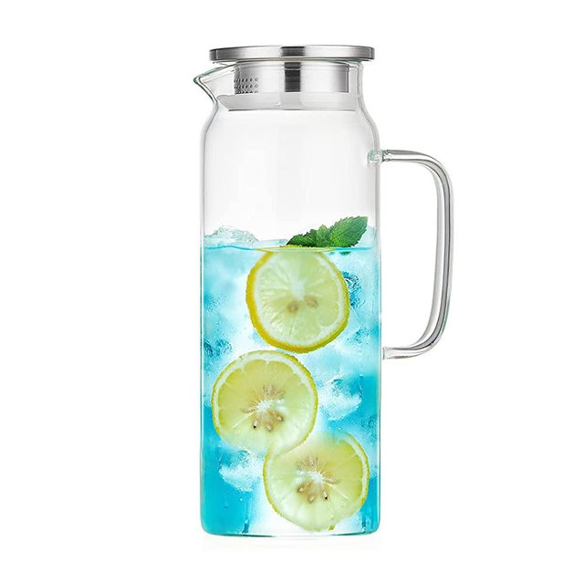 DOPUDO RHYTHM Glass Pitcher (53 oz) with Stainless Steel Lid and Spout, Borosilicate Glass Water Bottle, Clear Beverage Iced Tea Jug Hot Cold Water Wine Coffee Milk and Juice Carafe
