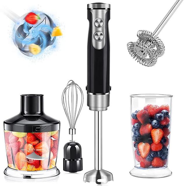 5-in-1 Immersion Blender Handheld, 9-Speed Multi-Purpose Hand Blender, 500W Stick Blender with 304 Stainless Steel Blades, Egg Whisk, Milk Frother, 500ml Chopper, 600ml Beaker, Black