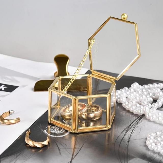 Feyarl Small Mini Gold Glass Ring Eraring Box Beads Coins Display Keepsake Organizer Jewelry Trinket ChestCase Decorative Box for Collection Valentine Wedding Day Birthday Gift