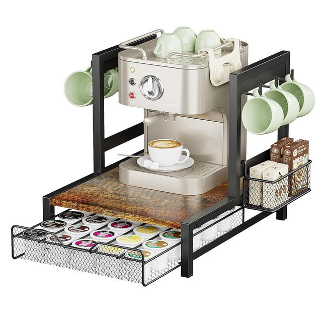 KLM K Cup Holder Drawer - Coffee Pod Organizer for Counter, Sturdy k cups Storage Drawer with Mug Rack, Coffee Maker Stand, 35 Capacity Pods, Home Kitchen Counter Organizer