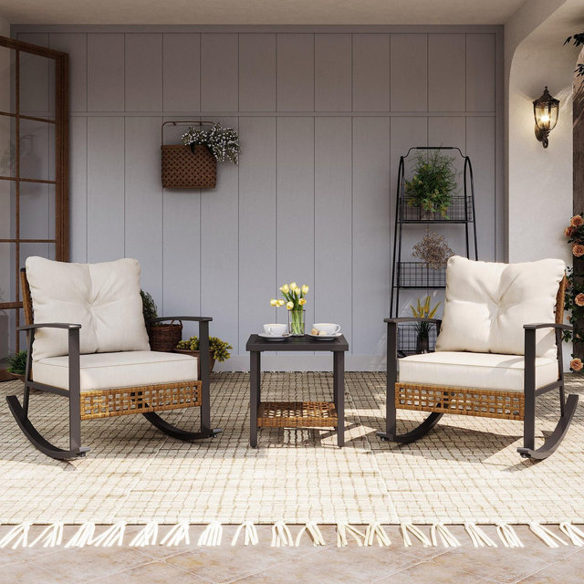 LAUSAINT HOME 3 Pieces Rocking Bistro Set, Oversize Rattan Conversation Set, Thick Cushions for Garden, Balcony, Backyard