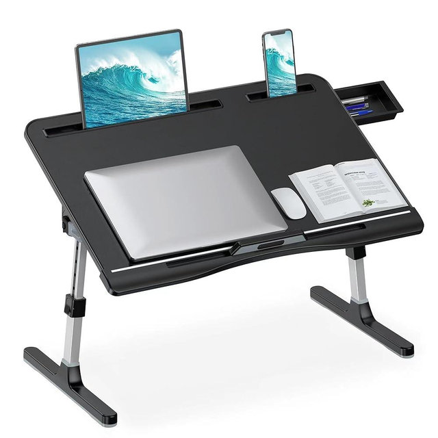 HETTHI Laptop Stand for Bed, Adjustable Leather Bed Desk with Foldable Legs, X-Large Laptop Bed Table Tray with Drawer for Bed Couch Floor Writing Working Reading Eating Painting (Black, 23.6"×15.7")
