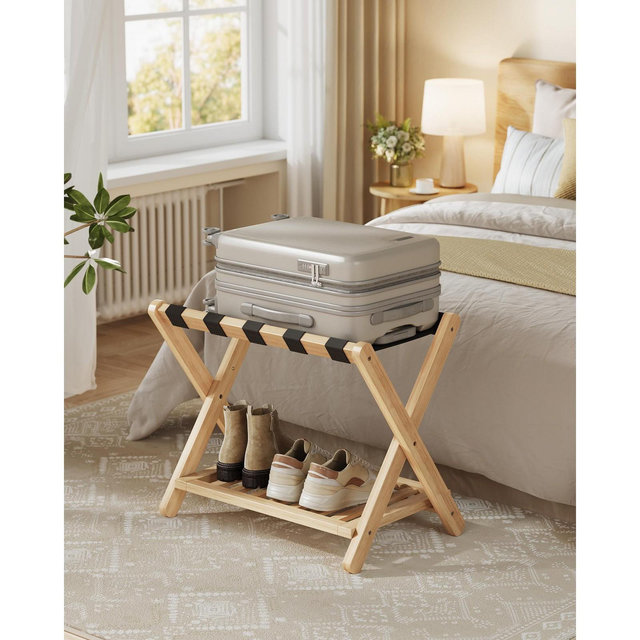 Solid Wood Foldable Luggage Rack, No Assembly Required Suitcase Stand with Storage Shelf, Sturdy & Space-Saving, Natural Wood, Natural Beige