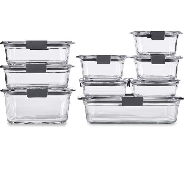 Rubbermaid Brilliance Glass Storage Set of 9 Food Containers with Lids (18 Pieces Total), Set, Assorted, Clear