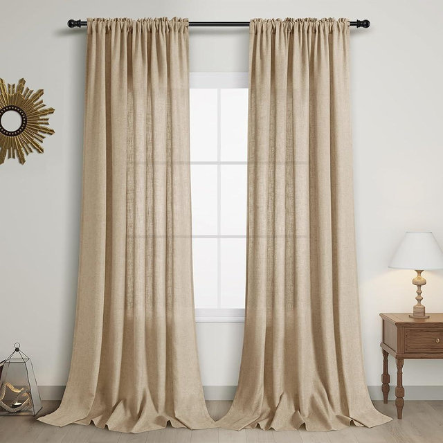 Guken Tan Linen Curtains 108 Inch Length for Living Room Bedroom 2 Panels Set Rod Pocket Light Filtering Semi Sheer Window Curtains 52 Inch Width Boho Farmhouse Linen Drapes, W52xL108