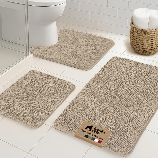 GORILLA GRIP Bathroom Rug Sets 3 Piece, Bath Mat Set and Oval Toilet Base with Rubber Backing, Plush Absorbent Shaggy Chenille Washable Mats, Includes 24x19.5, 24x17 and 30x20 Inch Rugs, Gray Beige