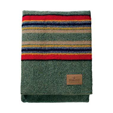 Pendleton Yakima Camp Thick Warm Wool Indoor Outdoor Striped Throw Blanket, Green Heather, Queen Size
