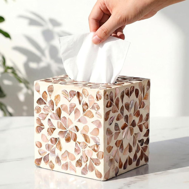 Reallnaive 5.9 Inch Cube Mother of Pearl Tissue Box Cover Ceramic Decorative Tissue Box Holder, Square Napkin Holder Rustic Napkin Dispenser Organizer for Table Bathroom Office(Brown Floral)