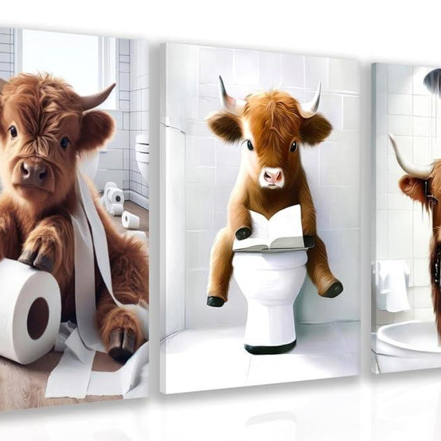 Funny Highland Cow Canvas Wall Art, Cute Brown Cow Bathroom Decor, Framed Animal Bathing Poster Prints, Retro Rustic Farmhouse Wrapped Canvas Artwork for Restroom 12"x16"x3
