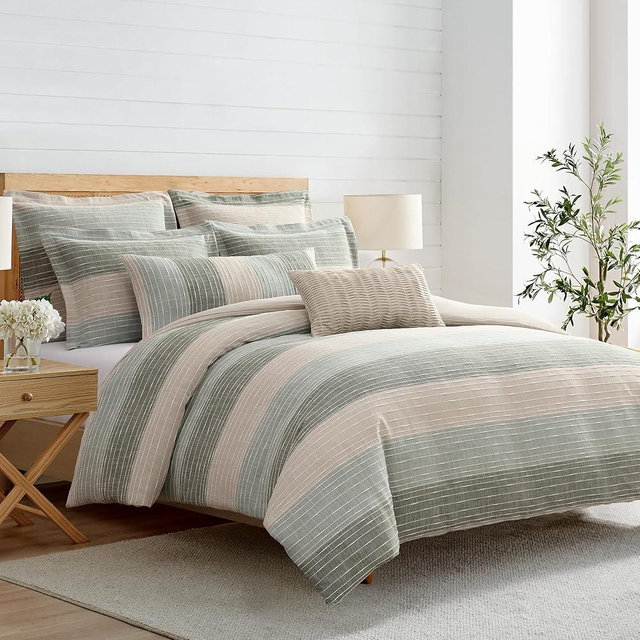 Levtex Home Sand Stripes Sage Queen Duvet Cover Set (90x94in) with 2 Pillowcases (26x20in) - Woven Jacquard Stripe - Sage, Green, Beige, White - Cotton Queen Size Duvet Cover Set - Soft Pre-Washed
